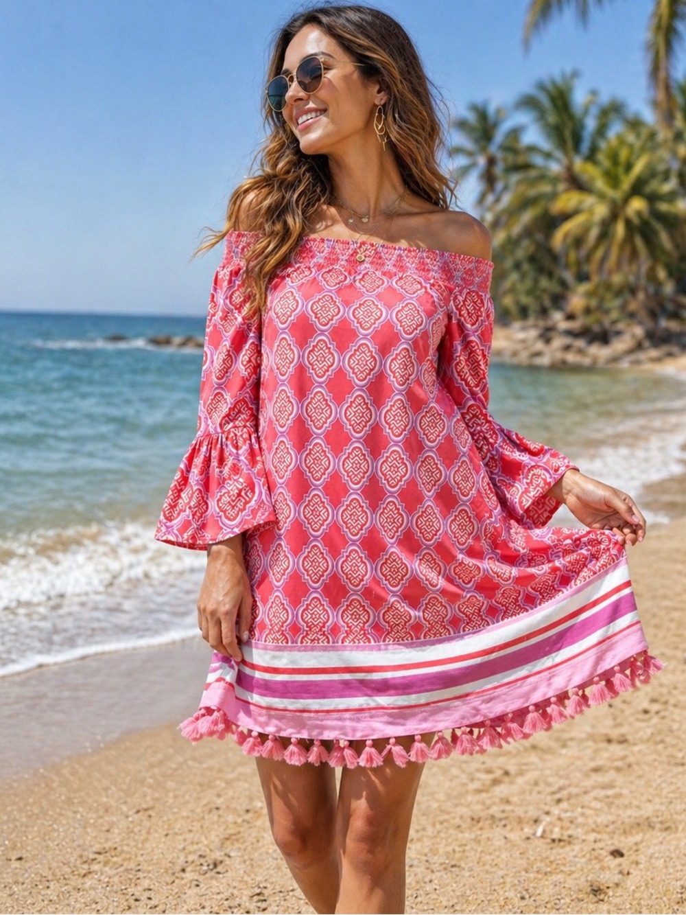Cabana Life Pink Patterned Off-Shoulder Mini Dress